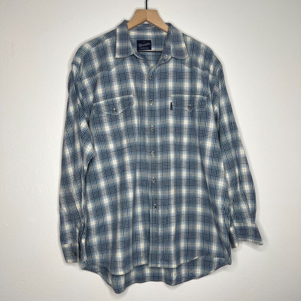 Wrangler Mens Shirt Blue Plaid Western Long Sleeve Cowboy XL